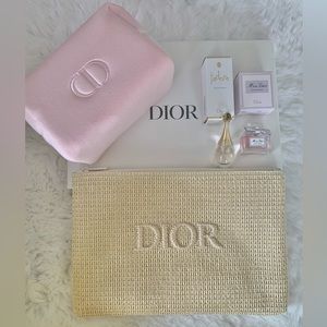 NEW Dior Beauty Faux Raffia Pouch Bag+Pink Makeup Case+2 Deluxe Perfume Samples